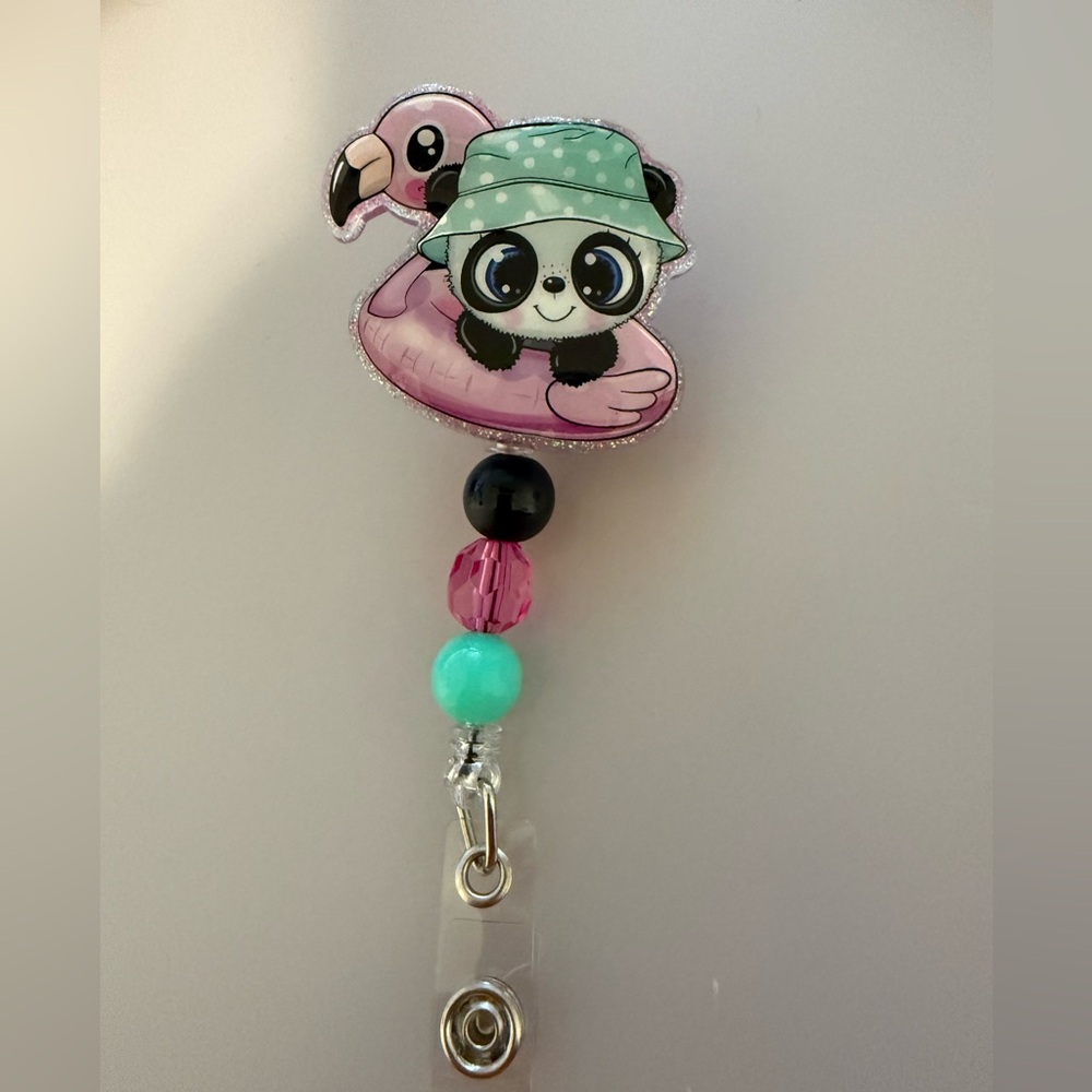 Badge Reel Panda with Flamingo Float - Pink & Mint